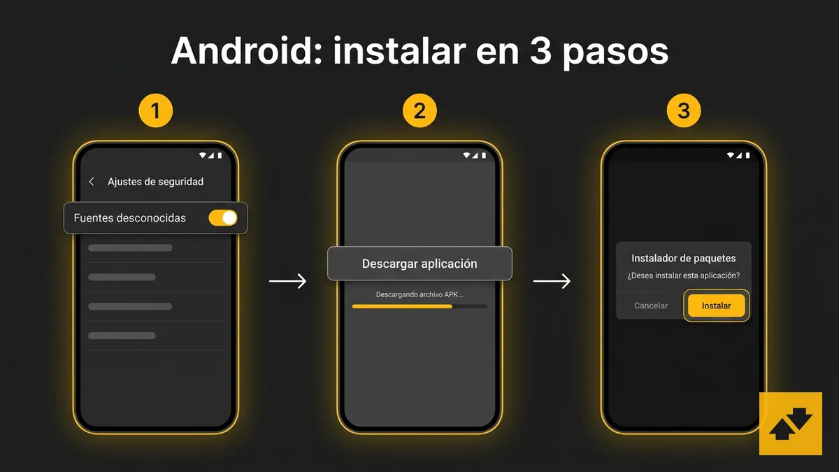 Tres pantallas del celular con los pasos para instalar la app de Betfair en Android